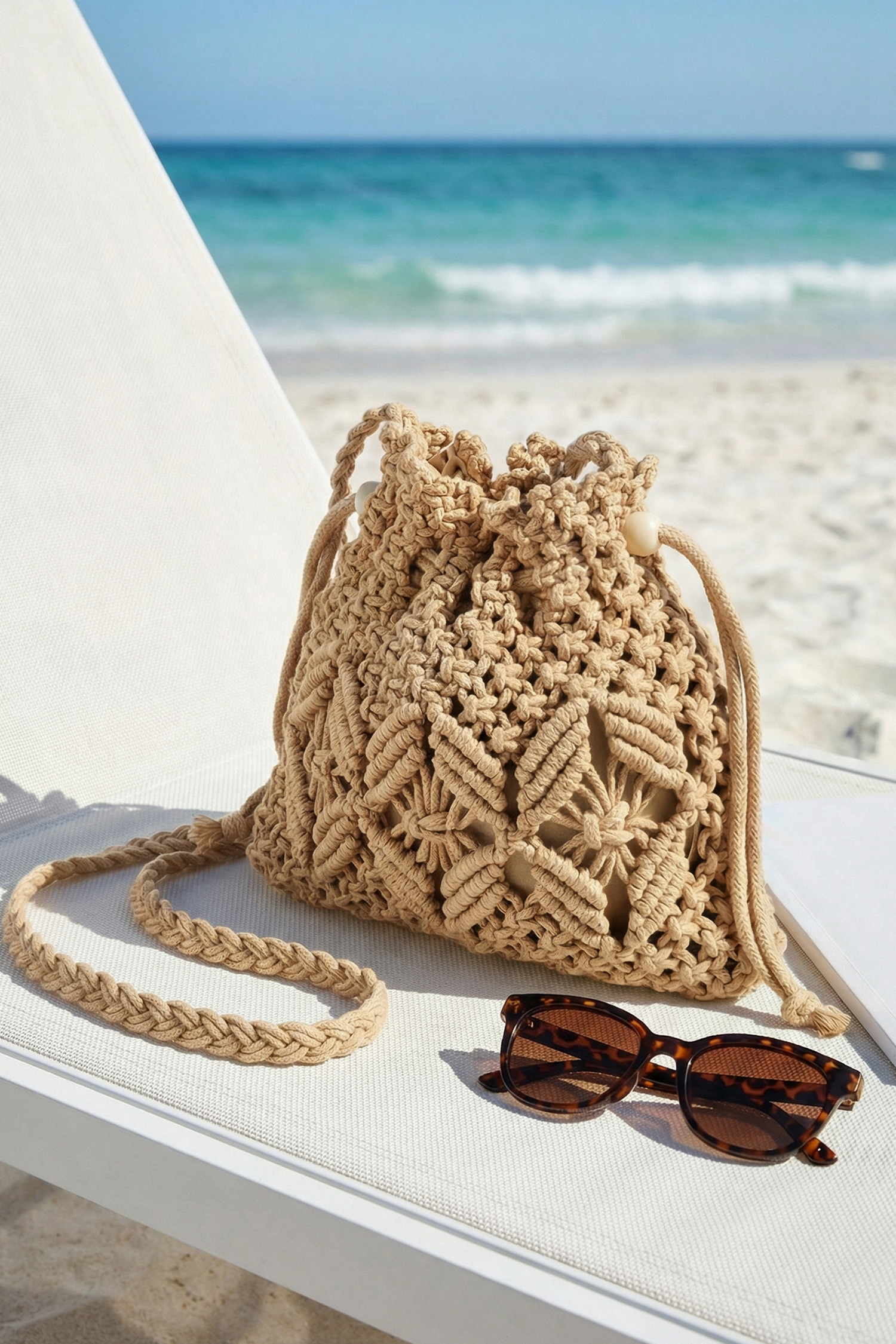 Kahki Strandtasche aus Stroh mit Crossbody-Trägern