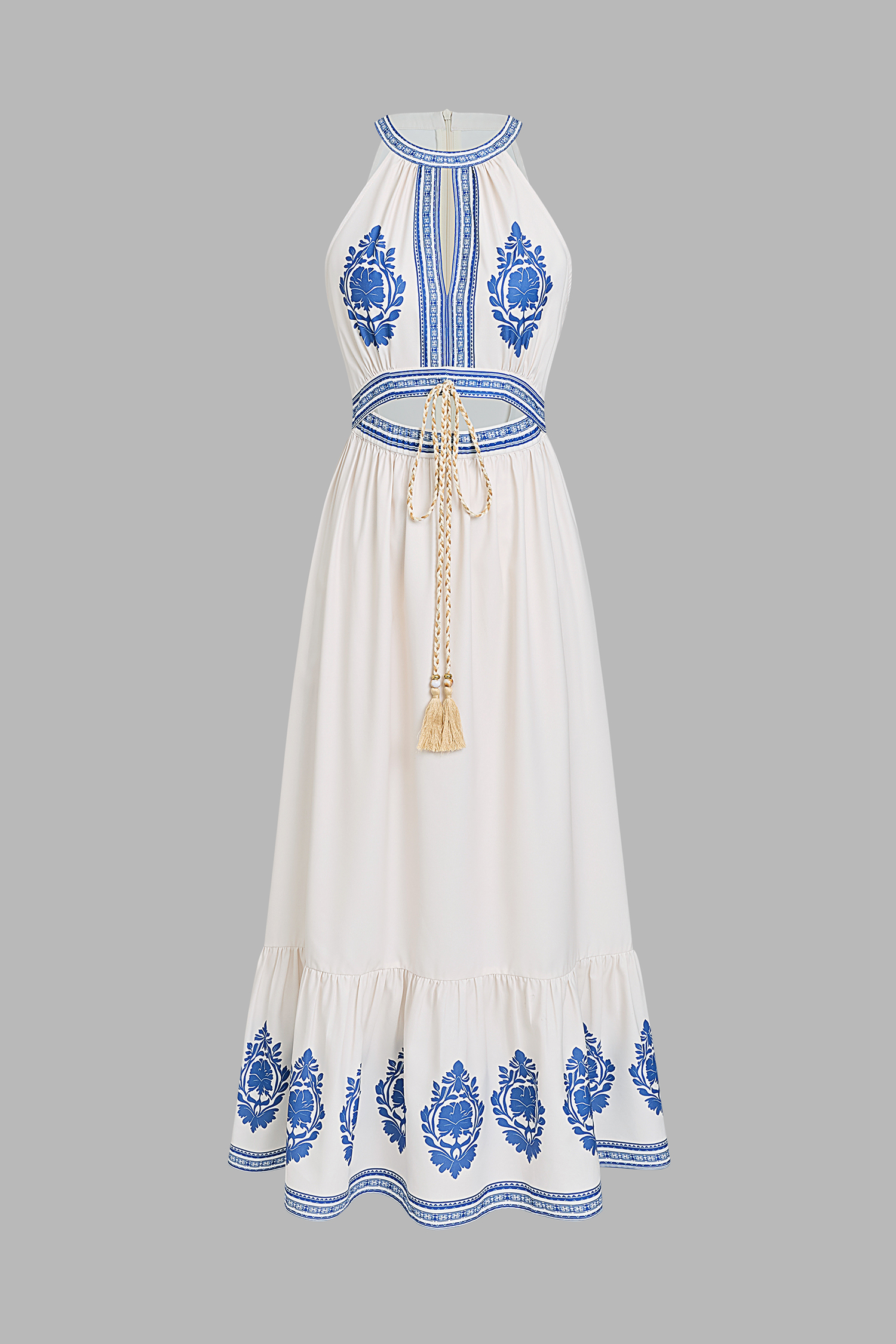 Blau-Weißes Boho Hoher Ausschnitt Maxi-Strandkleid