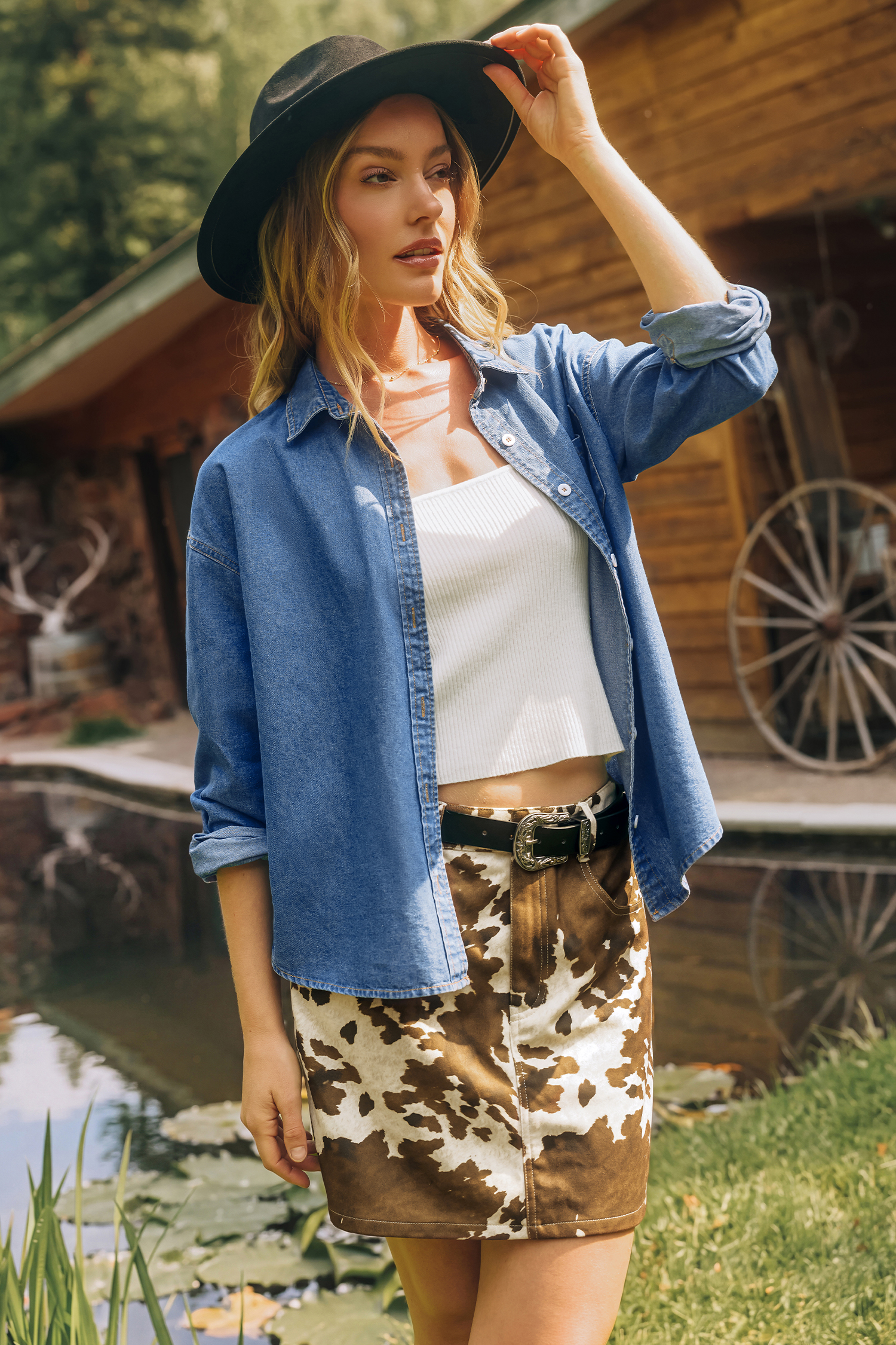 Chemise en denim à col chemise et manches longues